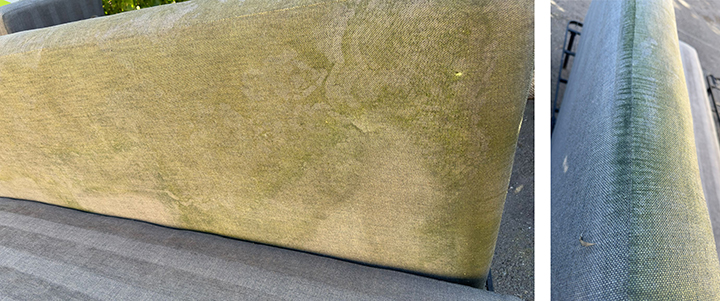 An outdoor sofa with an excessive amount of mold growth.